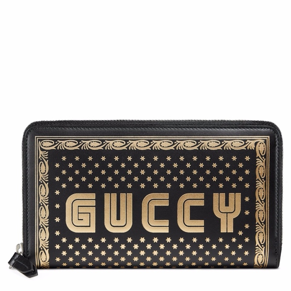 New Authentic Guccy Logo Moon & Stars Leather Zip Around Wallet - Picture 1 of 8